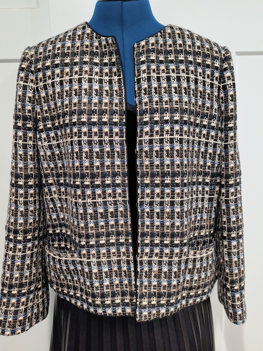Ann Taylor Black, Beige & Cream Tweed Collarless Blazer
